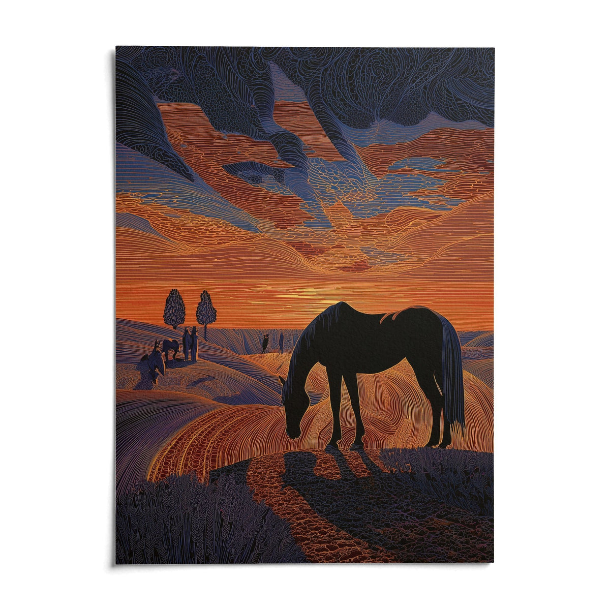 Horse Sunset Art Print, shown as an unframed paper print on a plain white background
