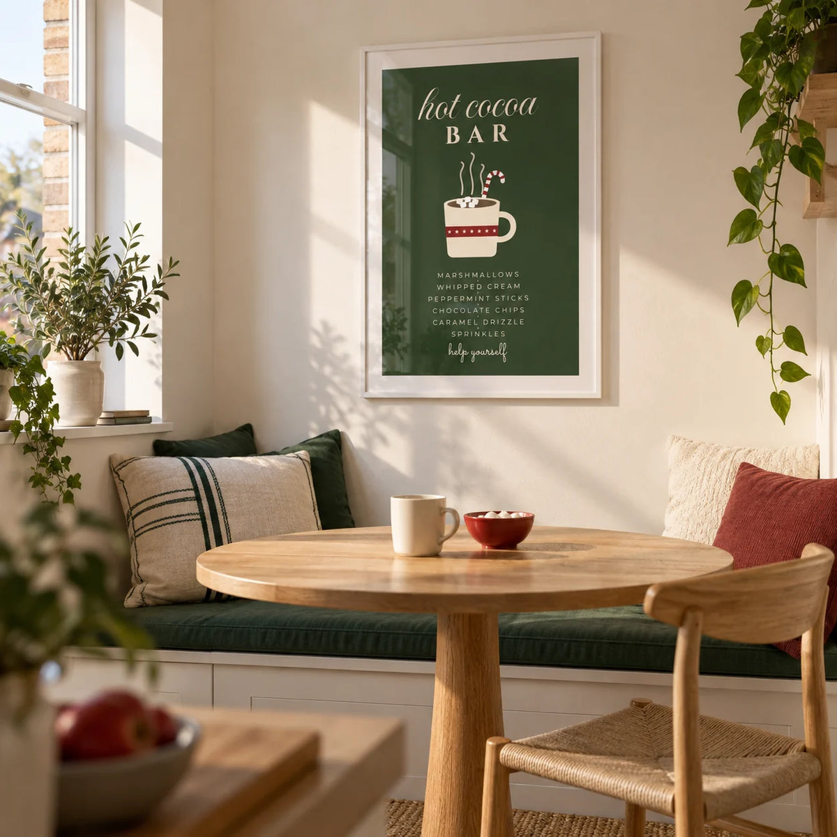 Hot Cocoa Bar Print, framed on the wall of a compact breakfast nook in a first UK flat for a couple aged 25-35 in a kitchen