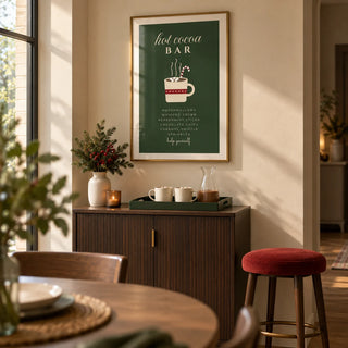 Hot Cocoa Bar Print, framed on the wall of a compact home bar alcove beside the dining area of a modern UK townhouse