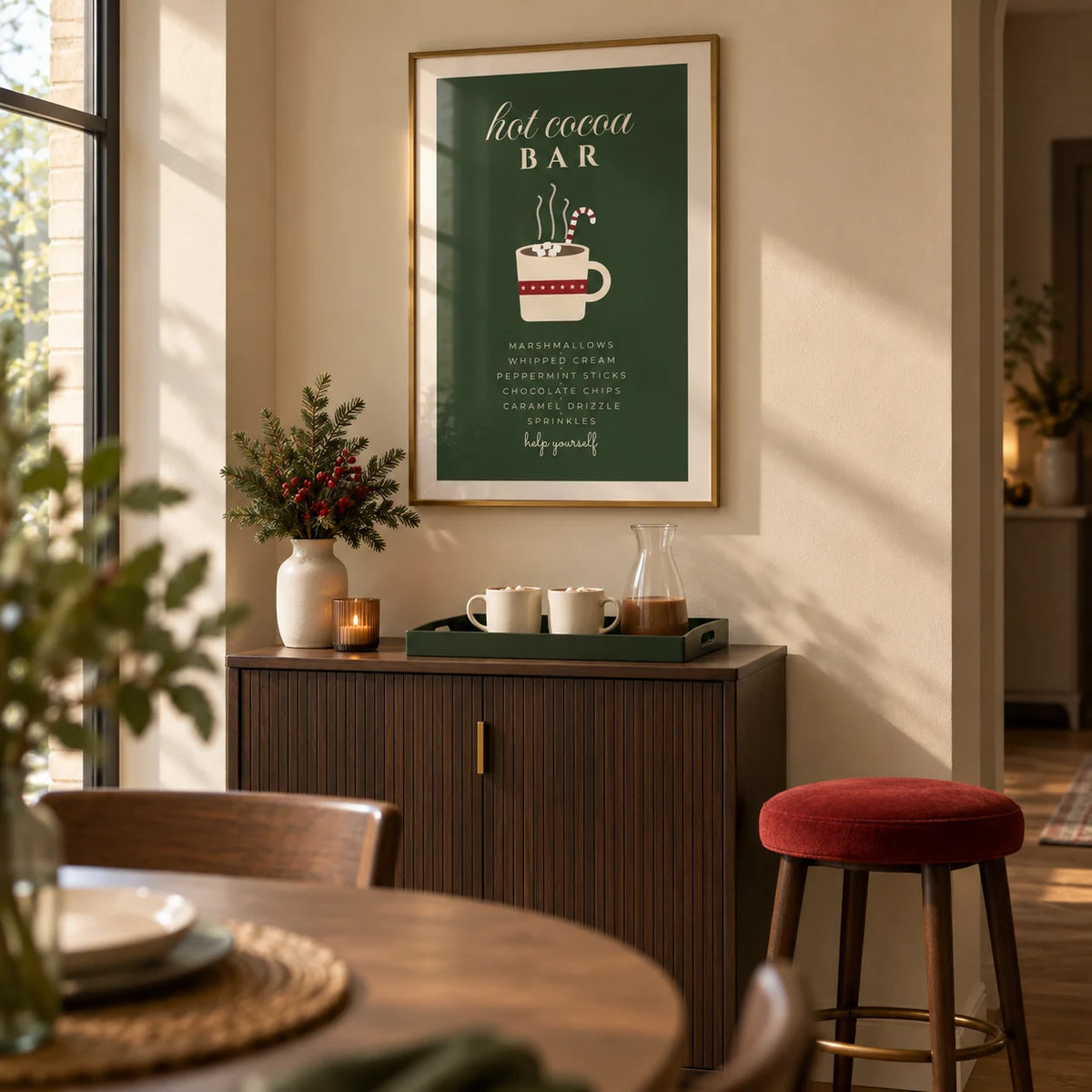 Hot Cocoa Bar Print, framed on the wall of a compact home bar alcove beside the dining area of a modern UK townhouse