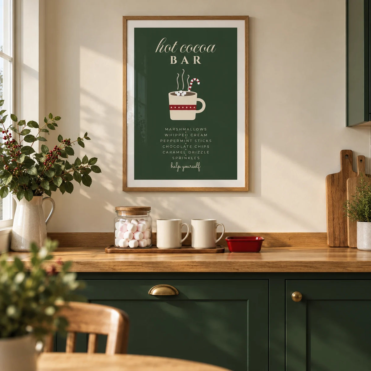 Hot Cocoa Bar Print, framed on the wall of a welcoming kitchen in a UK terraced home with cream walls