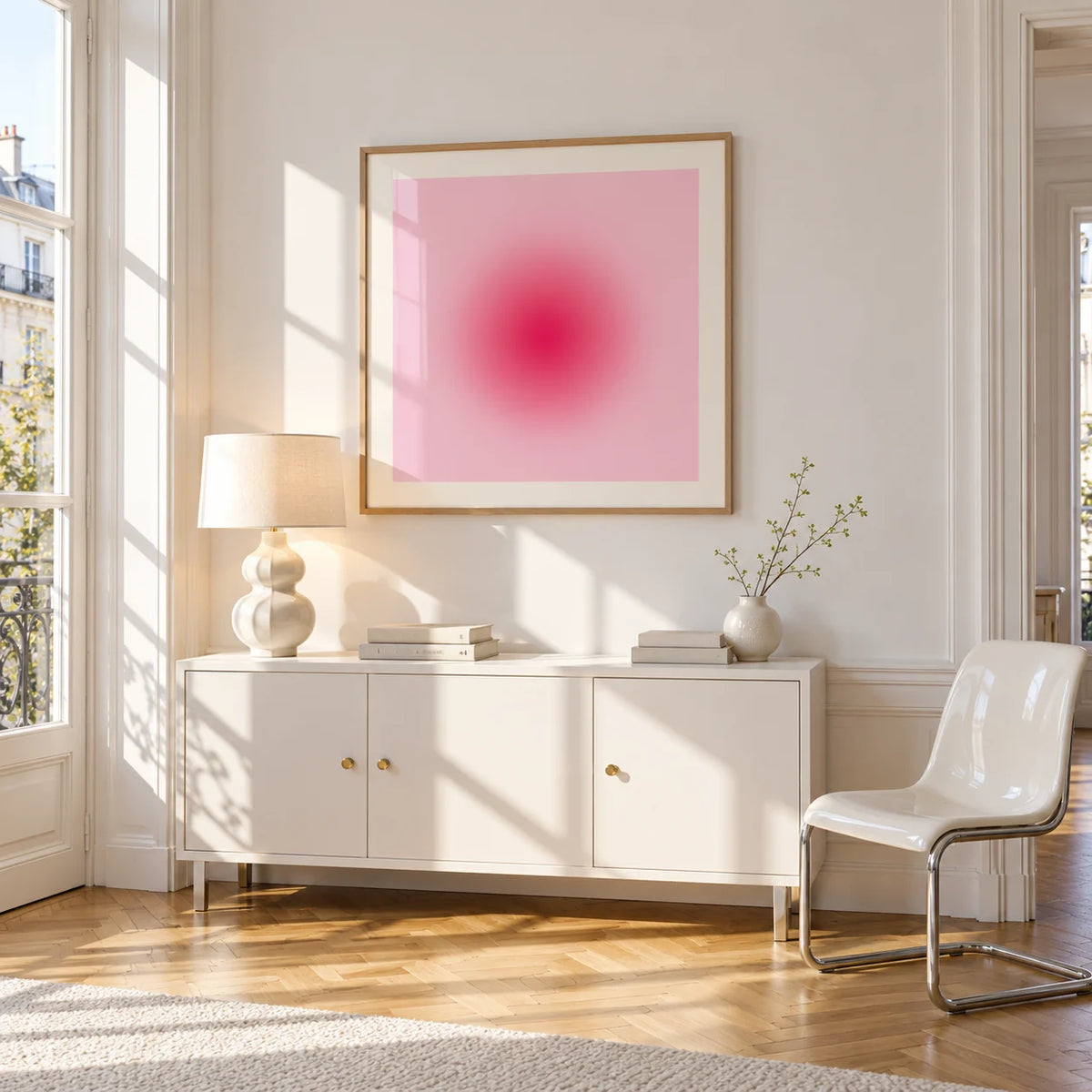 Hot Pink Wall Art, framed on the wall of a bright Paris style apartment in a living room