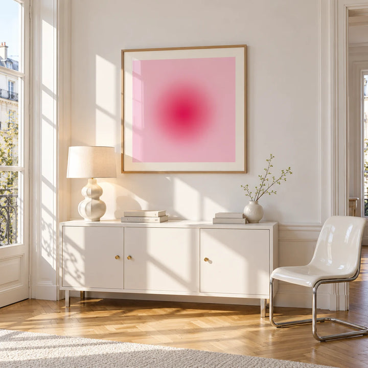 Hot Pink Wall Art, framed on the wall of a bright Paris style apartment in a living room