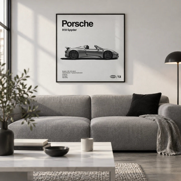 Hybrid Supercar Wall Art, framed on the wall of a sleek German-modern city flat living room with a white wall and a polished concrete floor