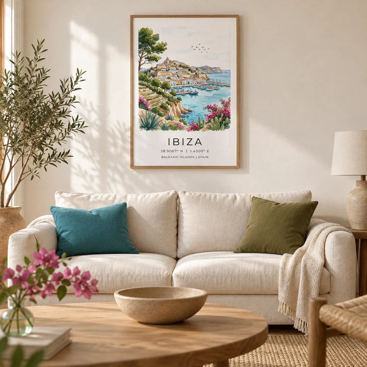 Ibiza Landscape Print, framed on the wall of a relaxed Mediterranean-inspired living room in a UK terraced house with warm white plaster walls and a pale oak floor
