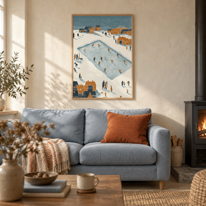Ice Skating Poster, framed on the wall of a cosy living room with a cream limewashed wall