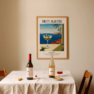 Home Bar Decor wall art of a dirty martini cocktail above a dining table with wine bottles and a glass