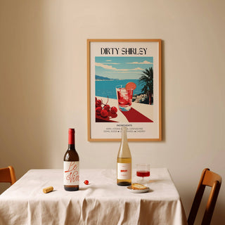 Bar wall pictures minimalist cocktail illustration in light wooden frame above dining table with wine bottles