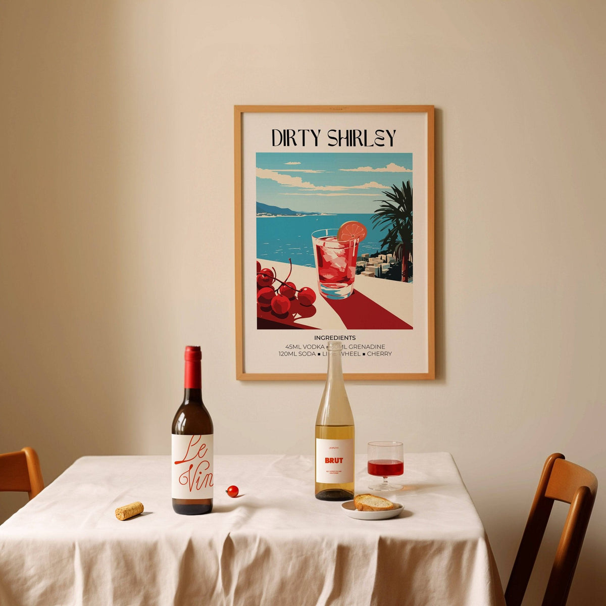 Bar wall pictures minimalist cocktail illustration in light wooden frame above dining table with wine bottles