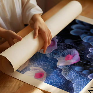 Detail close-up of purple abstract floral shapes on a rolled print with hands unrolling it