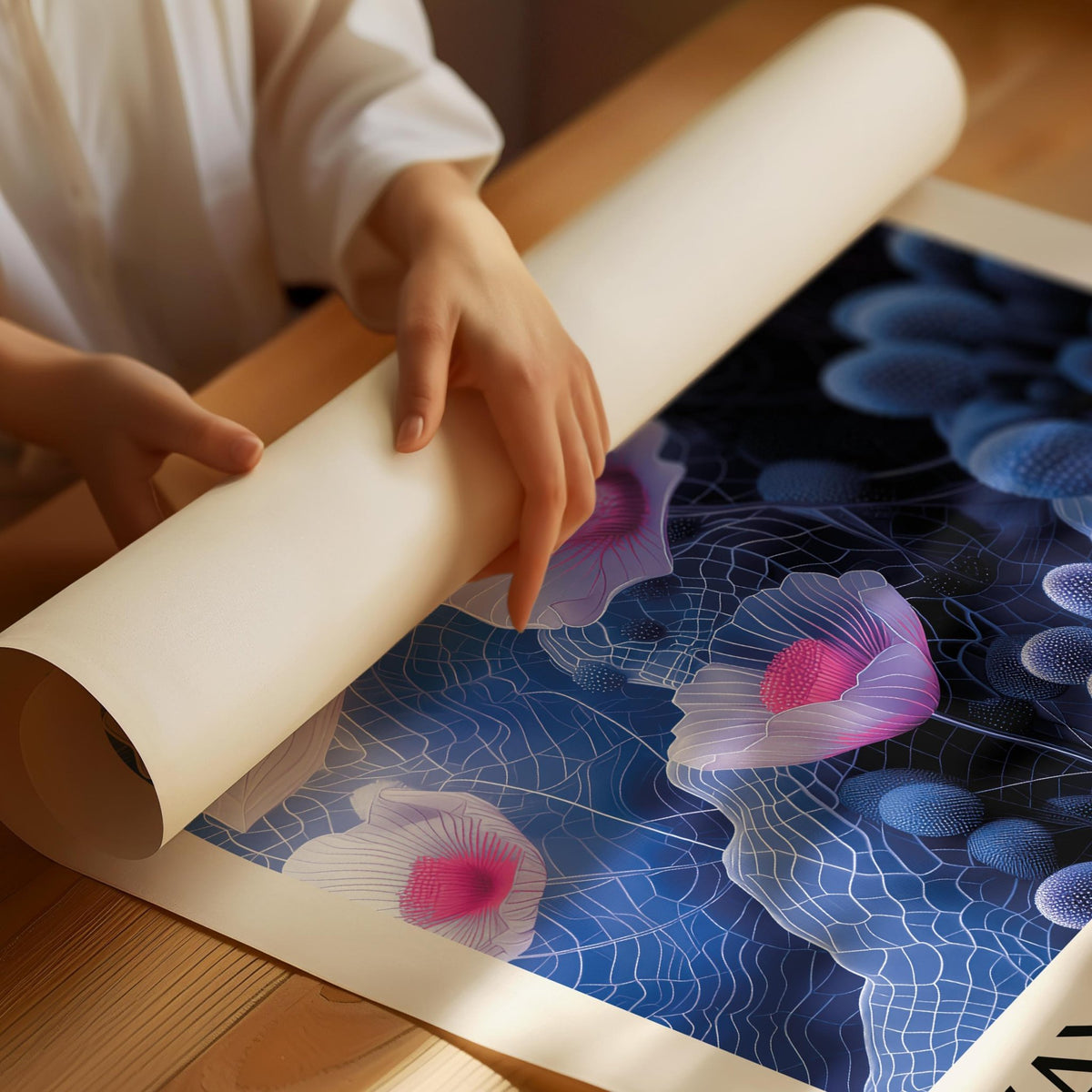 Detail close-up of purple abstract floral shapes on a rolled print with hands unrolling it
