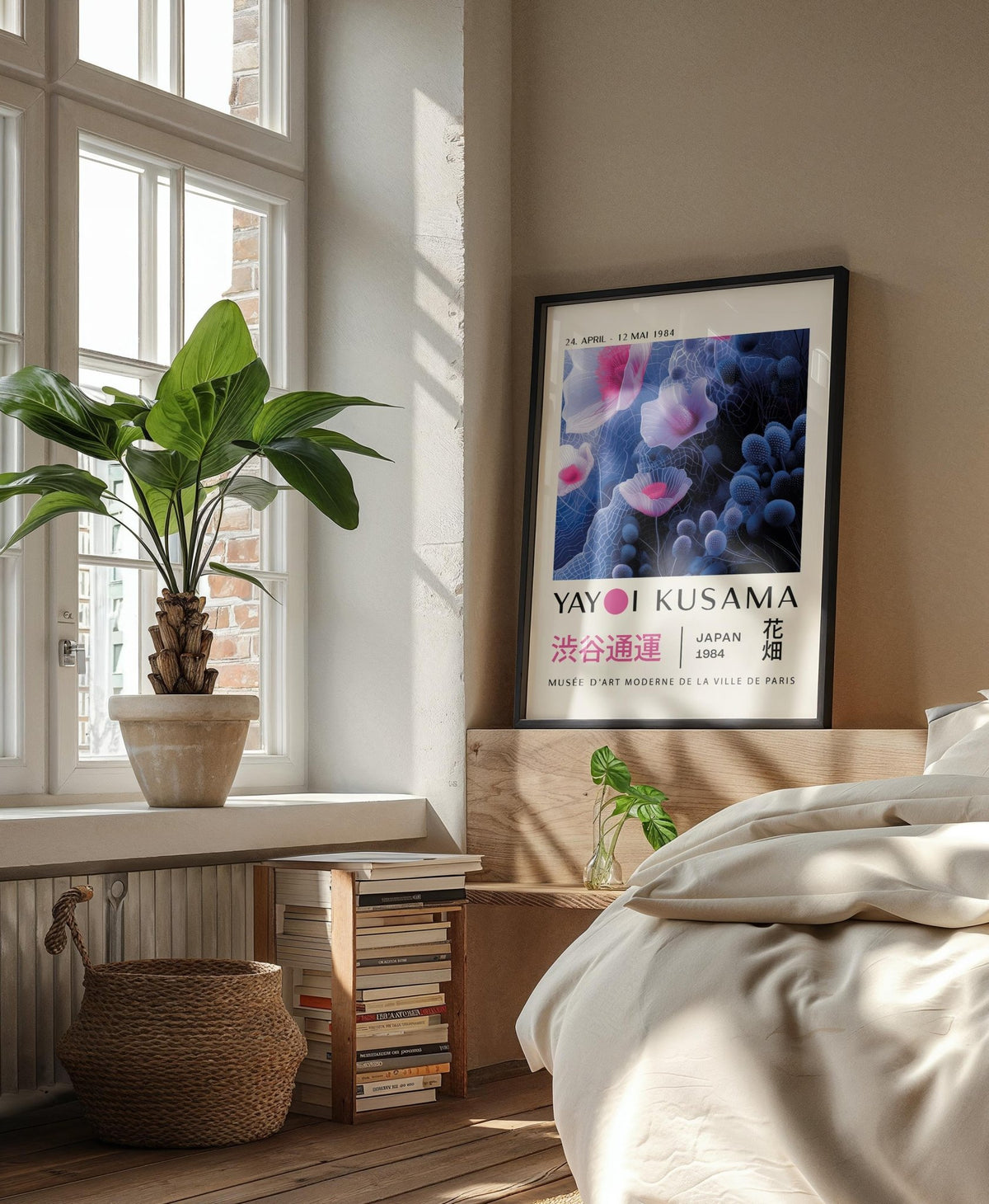 Print leaning on a bed headboard with purple abstract floral shapes in a softly lit bedroom