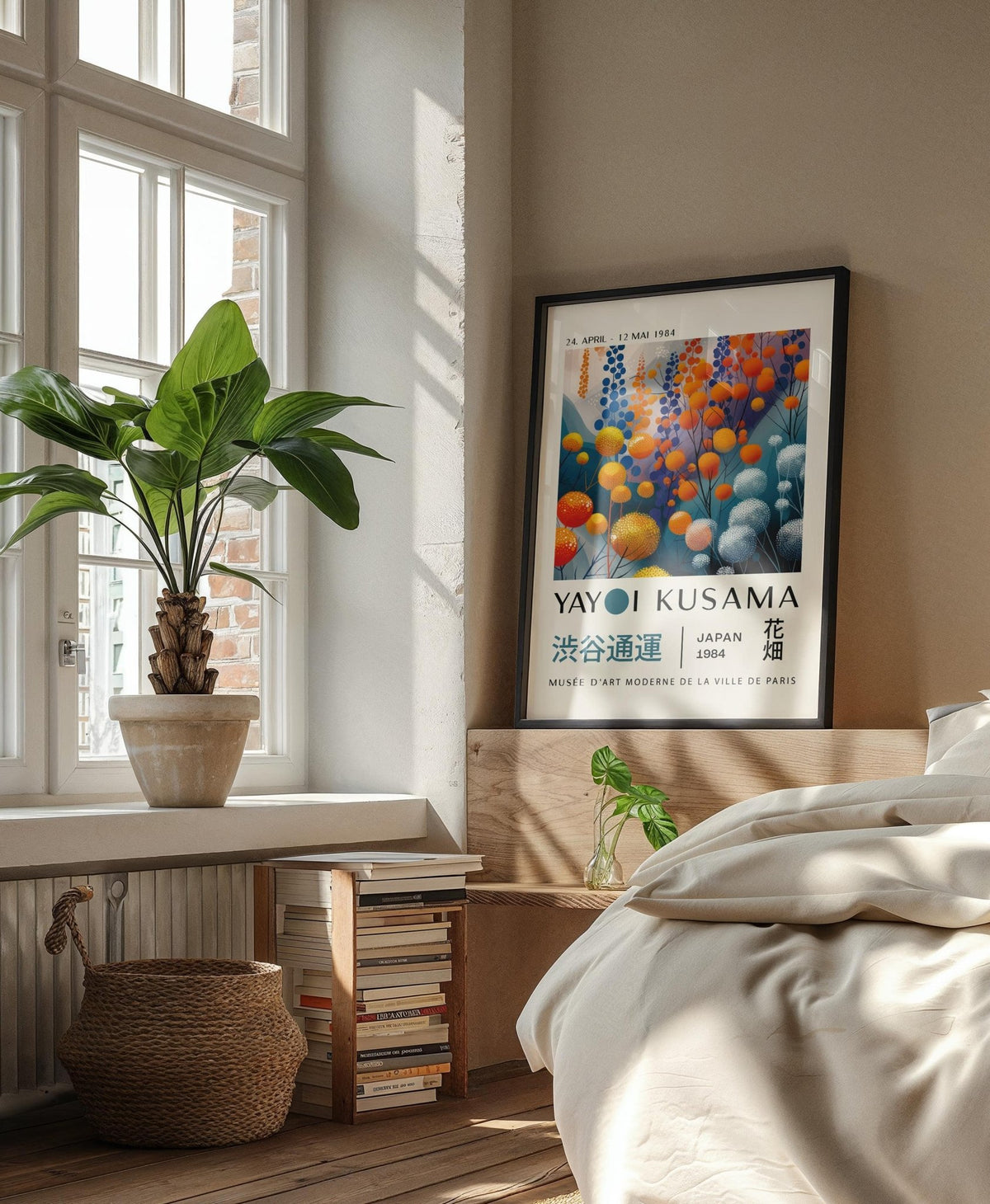 Abstract floral wall art with round pom-pom flowers in orange and blue leaning on a wooden headboard in a bedroom