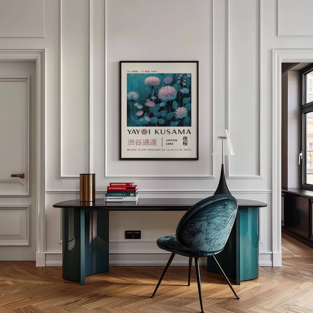Blue and Purple Abstract Art hanging above a desk with books and a lamp in a room