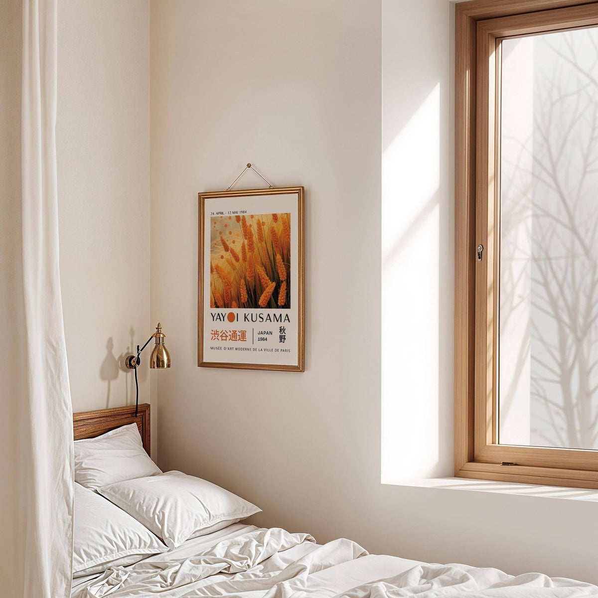 Autumnal wall art illustration of orange wheat plants in a bedroom above a bed