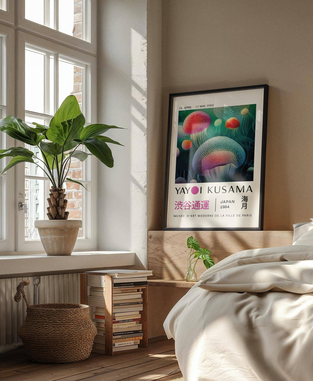 Fish wall decor of glowing jellyfish in soft green and pink tones leaning on a wooden headboard in a bedroom