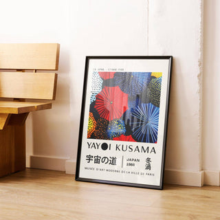 Japanese Home Decor print leaning on floor with a wooden bench and cushion nearby