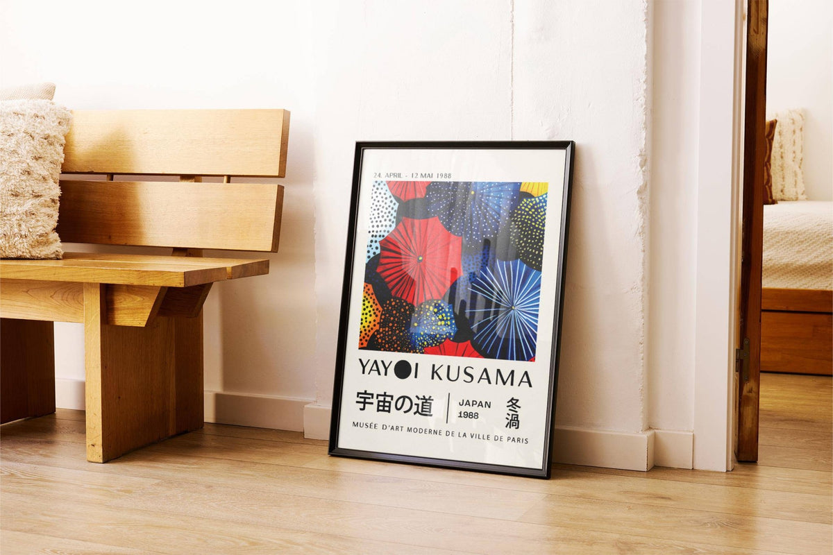 Japanese Home Decor print leaning on floor with a wooden bench and cushion nearby