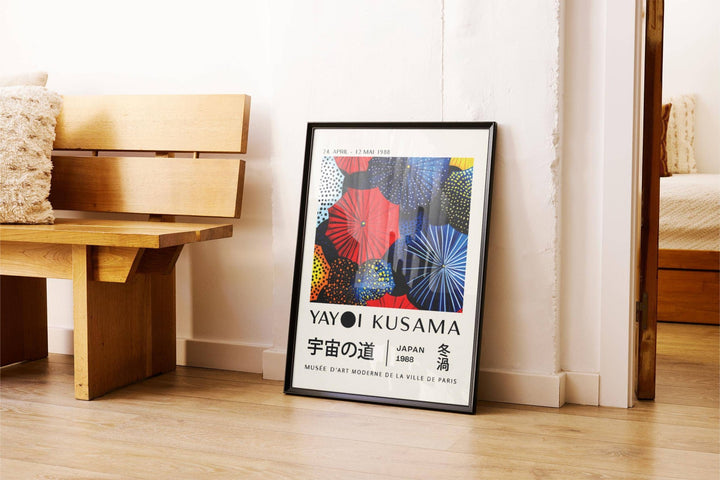 Japanese Home Decor print leaning on floor with a wooden bench and cushion nearby