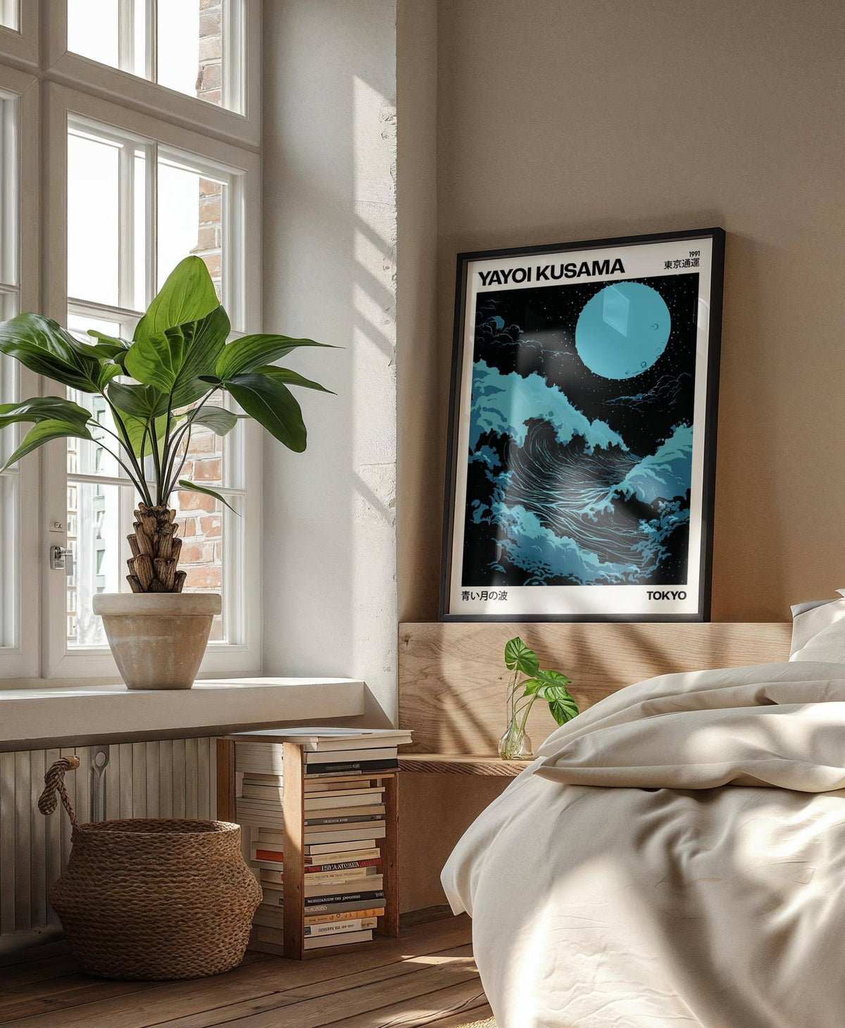 Large ocean wall art leaning on a bedroom headboard with a large green plant by a window