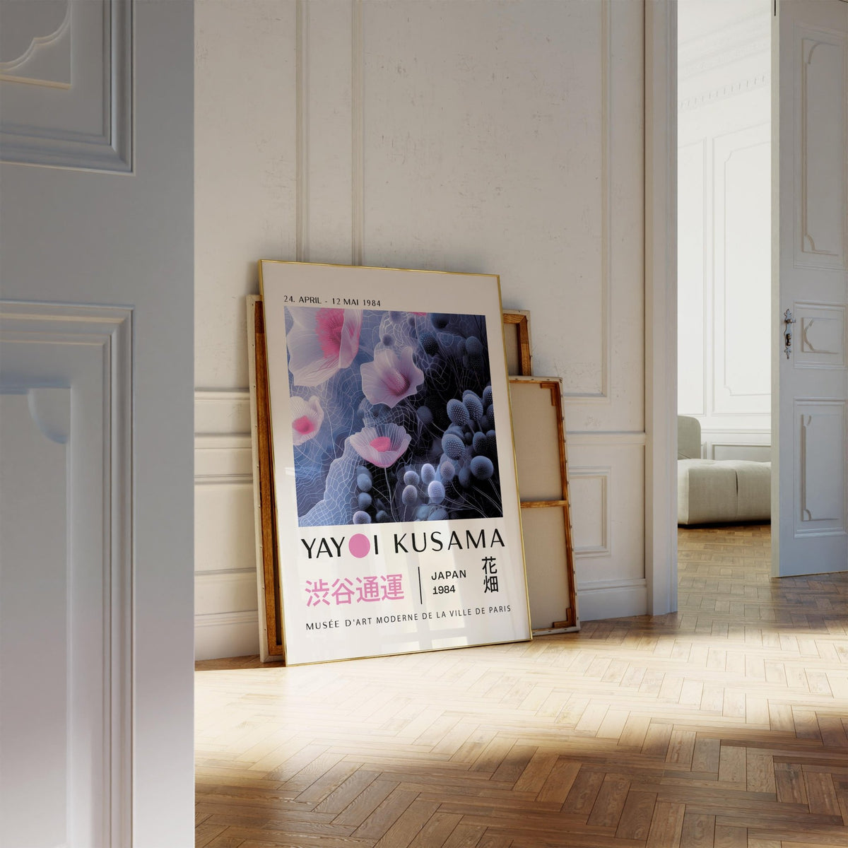 Purple Abstract Wall Art print leaning on a parquet floor with soft natural light