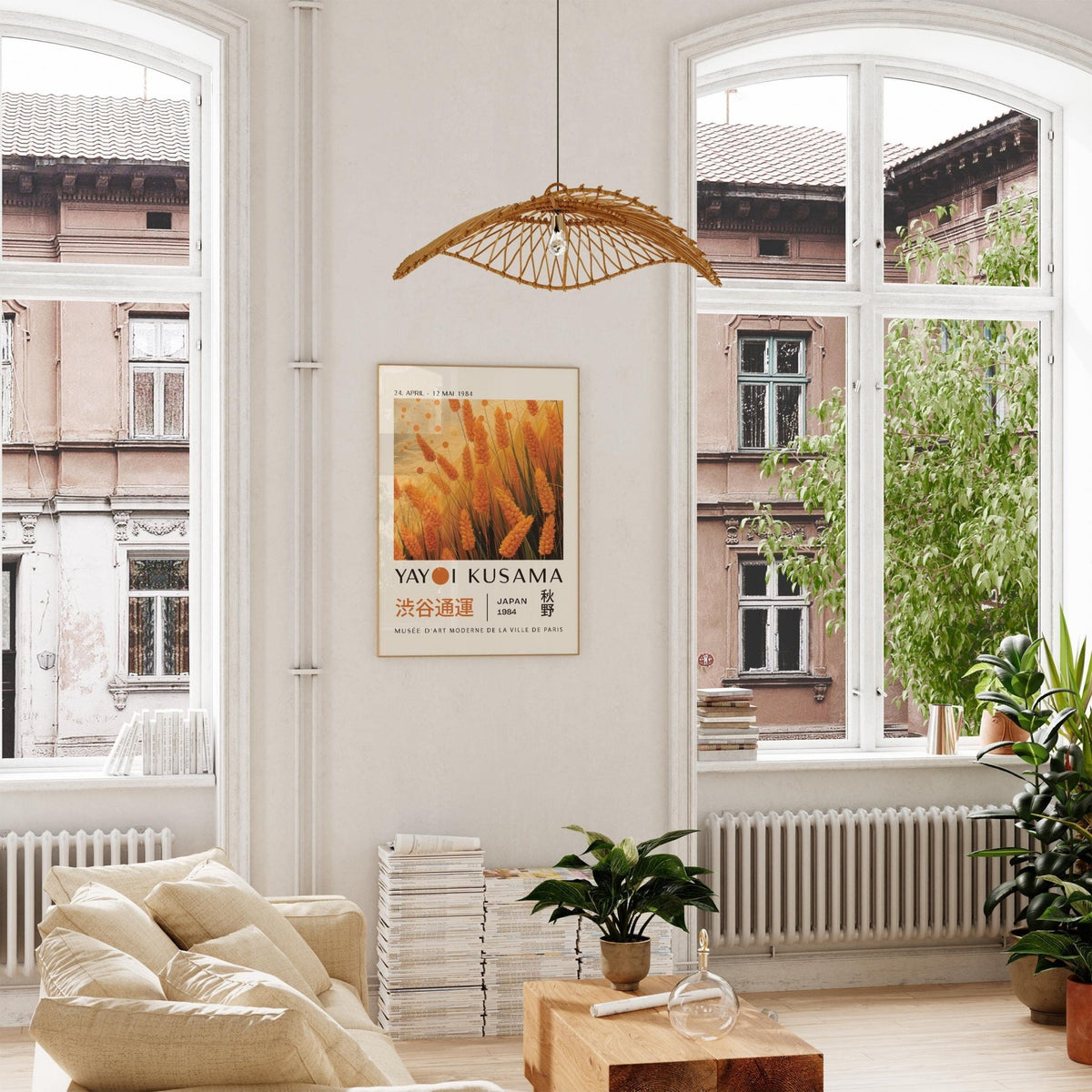 Autumnal wall art of golden wheat stalks in warm tones hanging in a bright room with plants on the floor