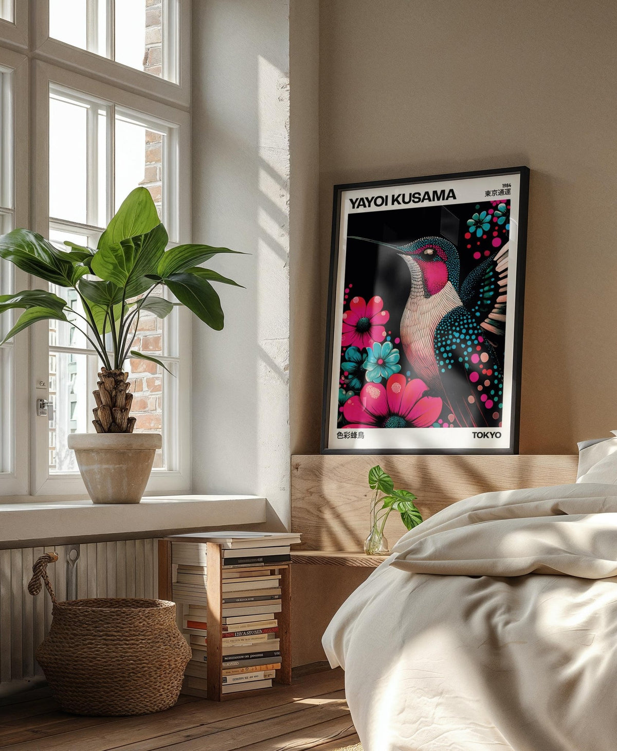 Large Bird Prints framed print of a colourful hummingbird with blue and pink flowers above a bedside table
