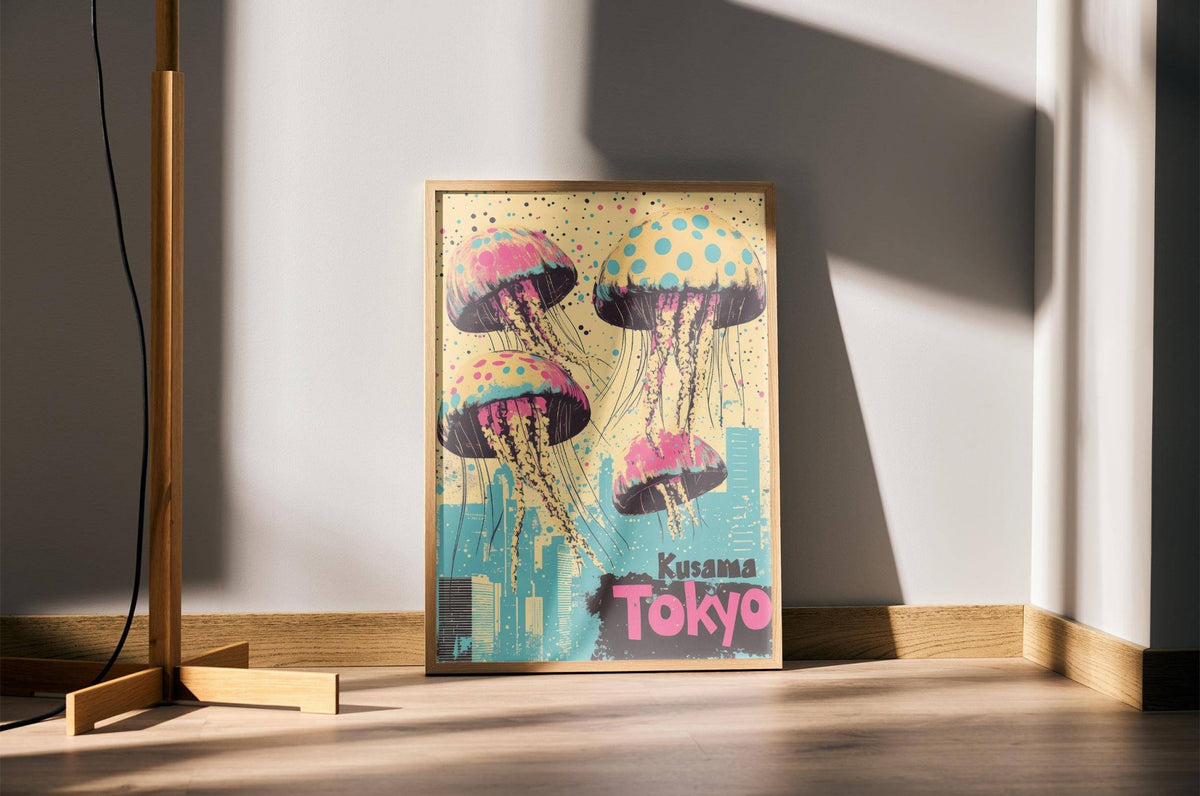 Framed Japan Retro Poster with jellyfish and city skyline leaning on floor in sunlight