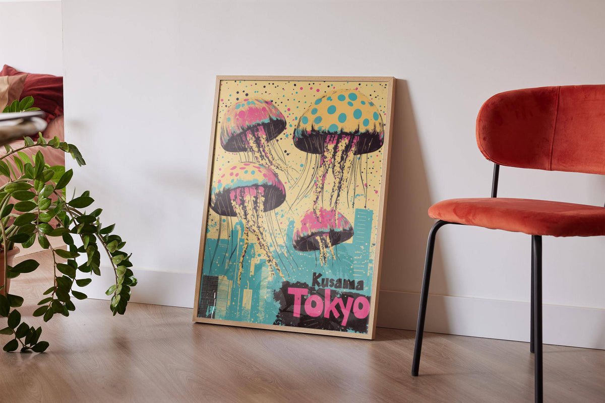 Japan Retro Poster print leaning on a floor next to a red chair and green plant