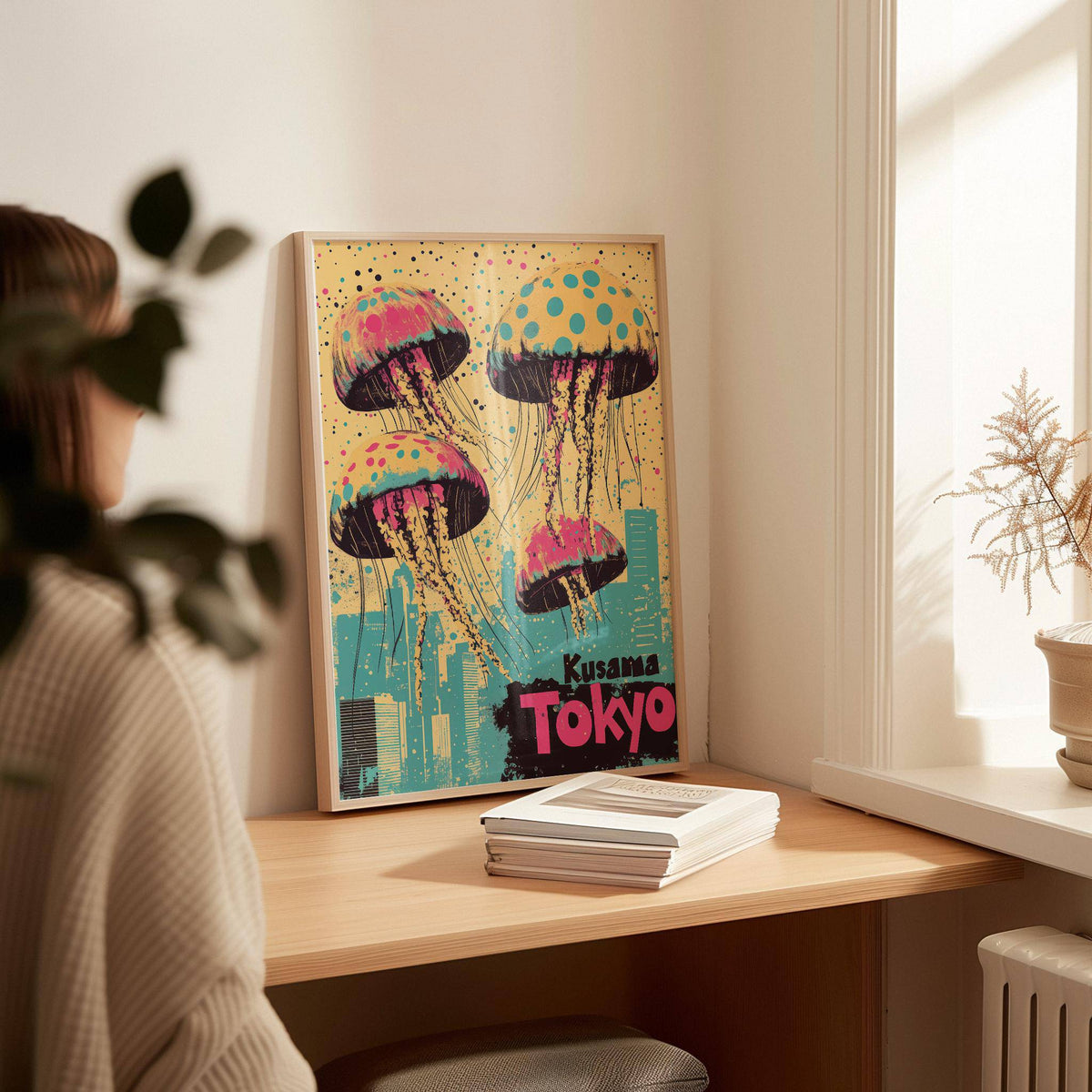 Print leaning on a desk of jellyfish over city skyline with pink and blue tones near a window