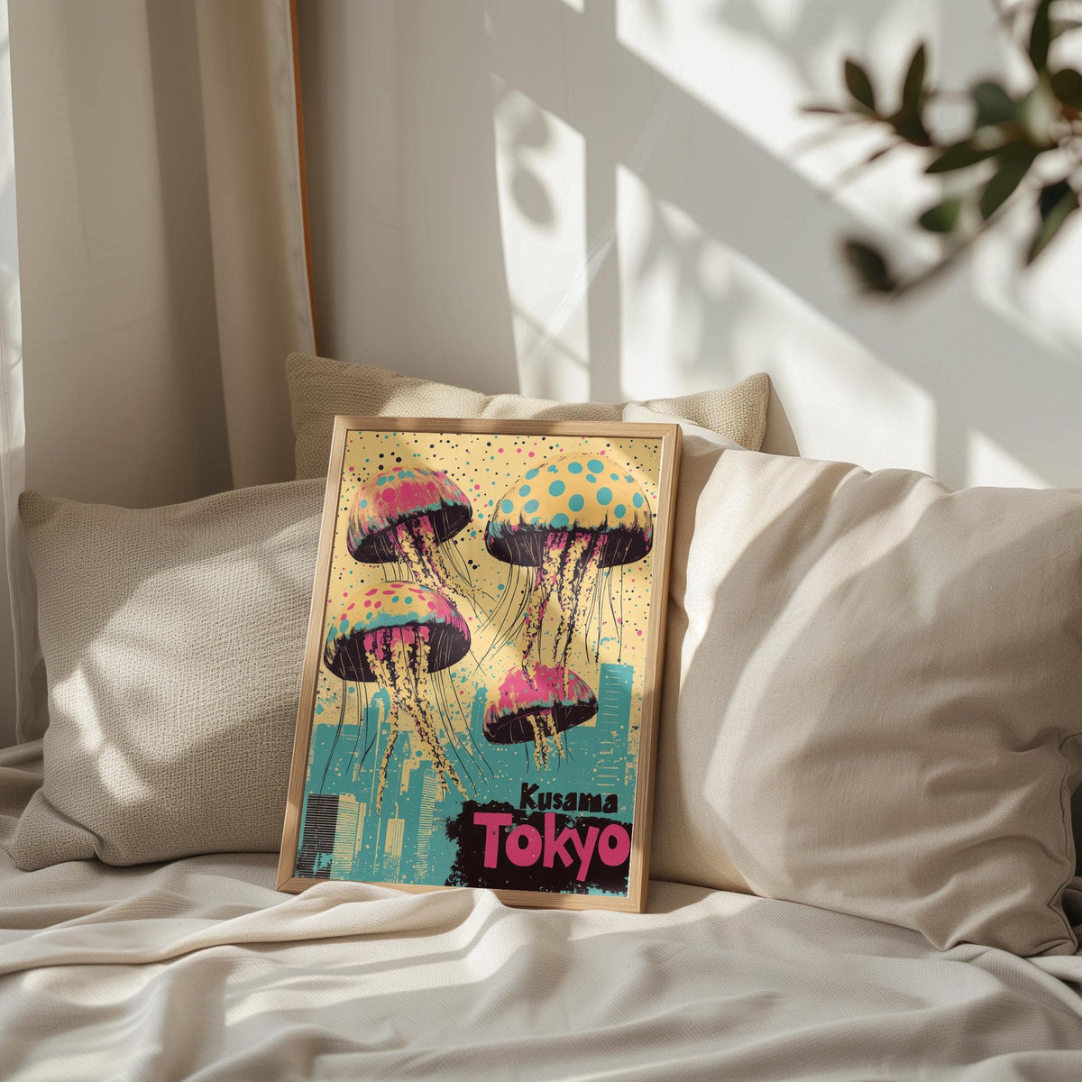 Framed Japan Retro Poster featuring pop-art jellyfish with city skyline leaning on a sofa with cushions