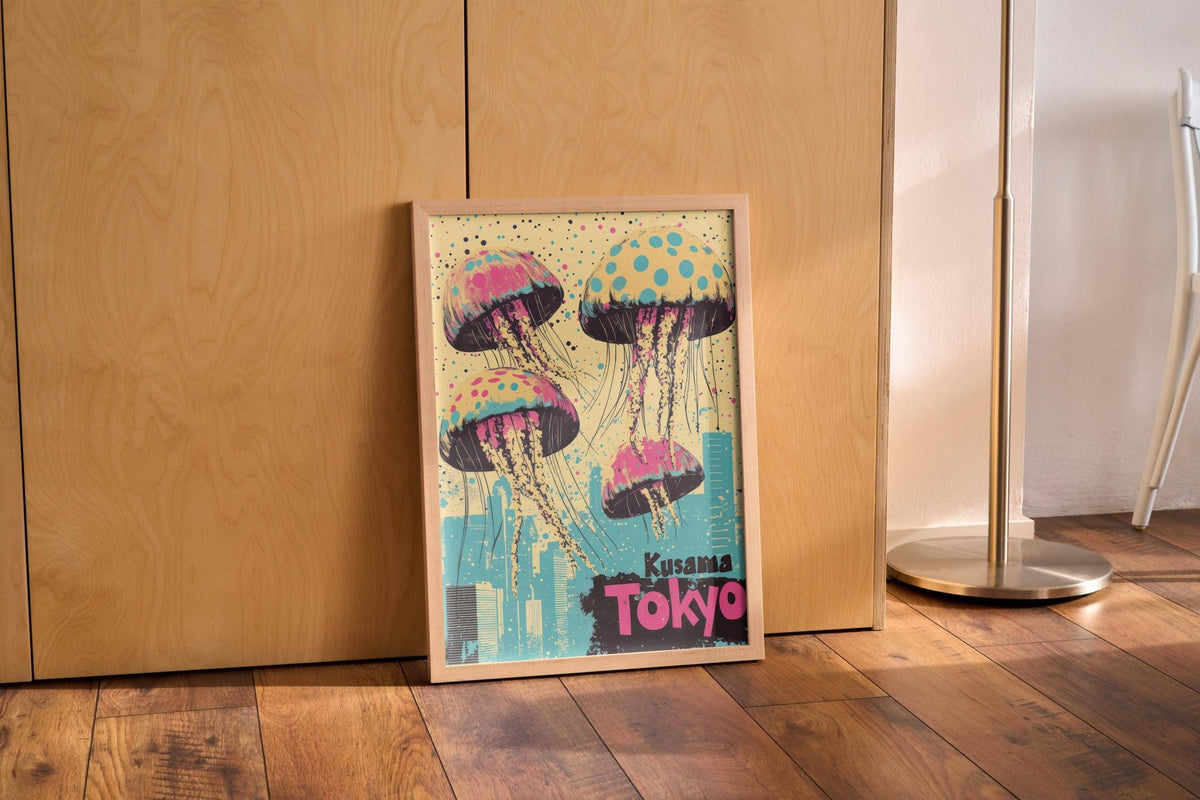 Japan Retro Poster print leaning on wooden floor with a lamp nearby