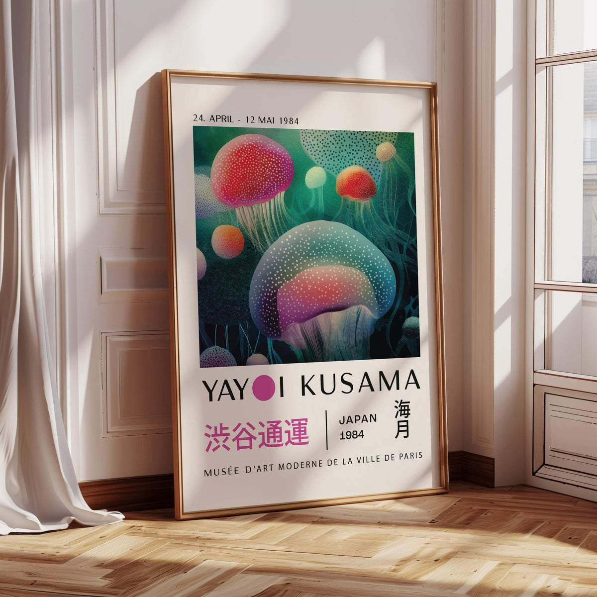 Fish wall decor with glowing jellyfish illustration in soft natural light beside a window