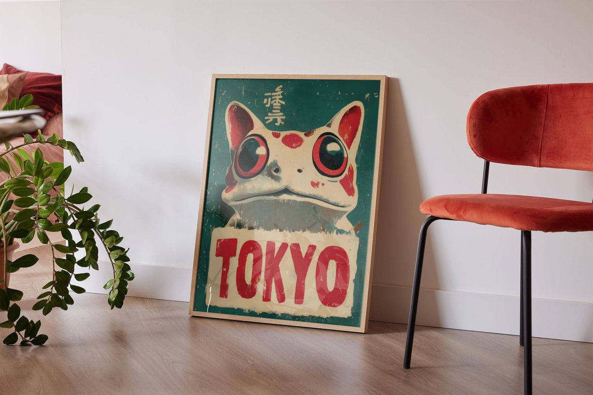 Print leaning on a floor with a red chair and a green plant nearby featuring a frog with large eyes and red text