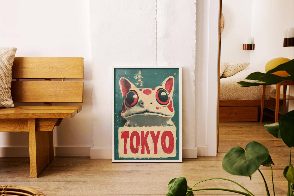 Frog prints leaning print with vintage frog illustration and red Tokyo text by a wooden bench