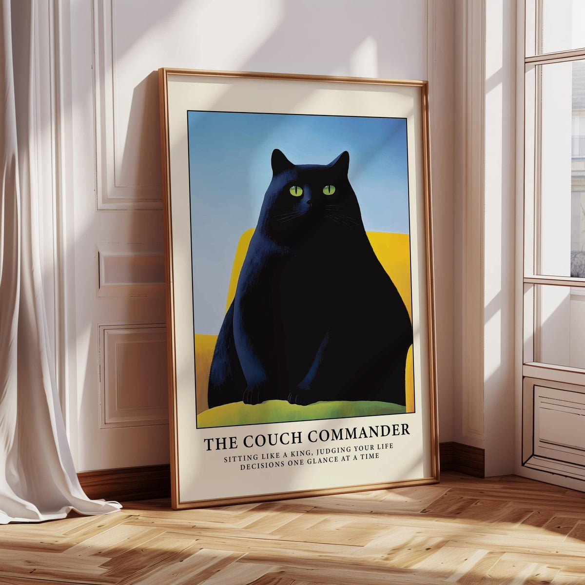 Cat Funny Poster framed print leaning on a floor by white curtains with light wooden floor