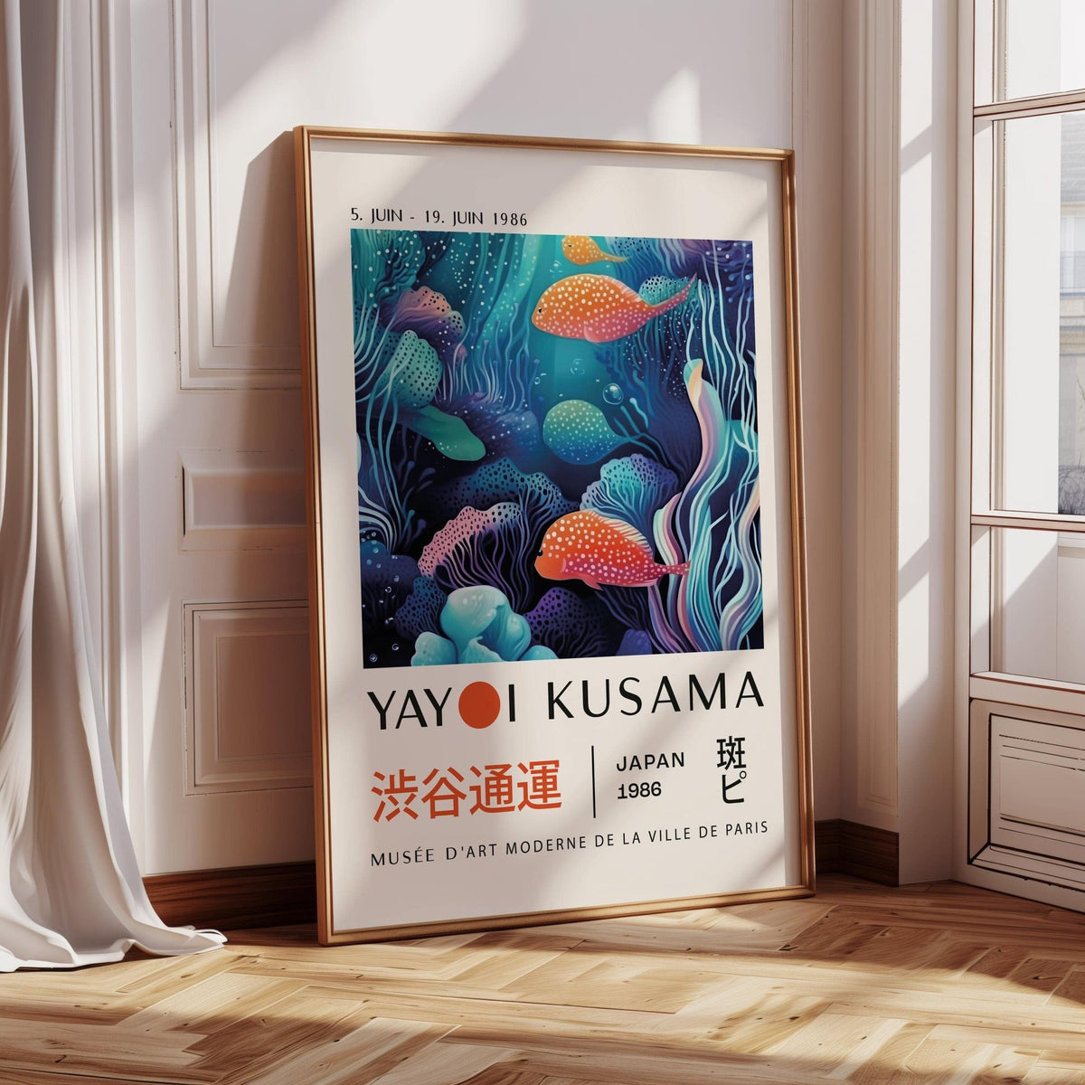 Colorful Fish Art print with vivid orange and blue spotted fish leaning on a wooden floor near a window