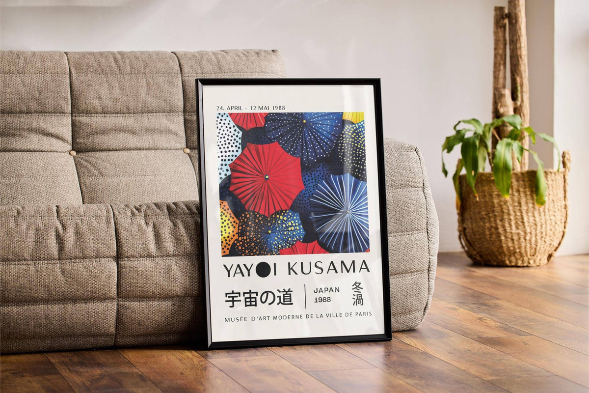 Japanese home decor print leaning on a grey sofa with a wicker plant basket nearby