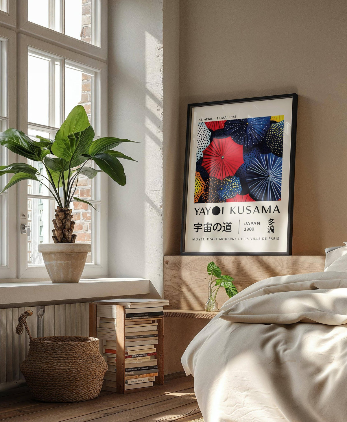 Japanese Home Decor print leaning on wood bed headboard with a plant on bedside table