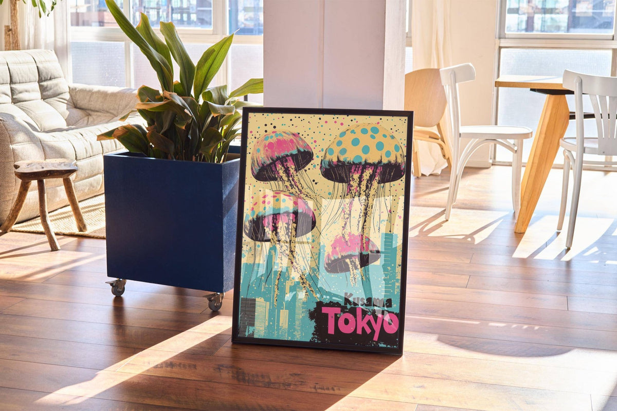 Framed Japan Retro Poster with pop-art jellyfish and city skyline leaning on a wooden floor near a blue plant pot