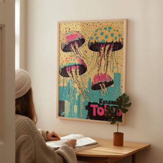 Print on a wall of jellyfish with city skyline in pink and blue with a plant on a desk nearby