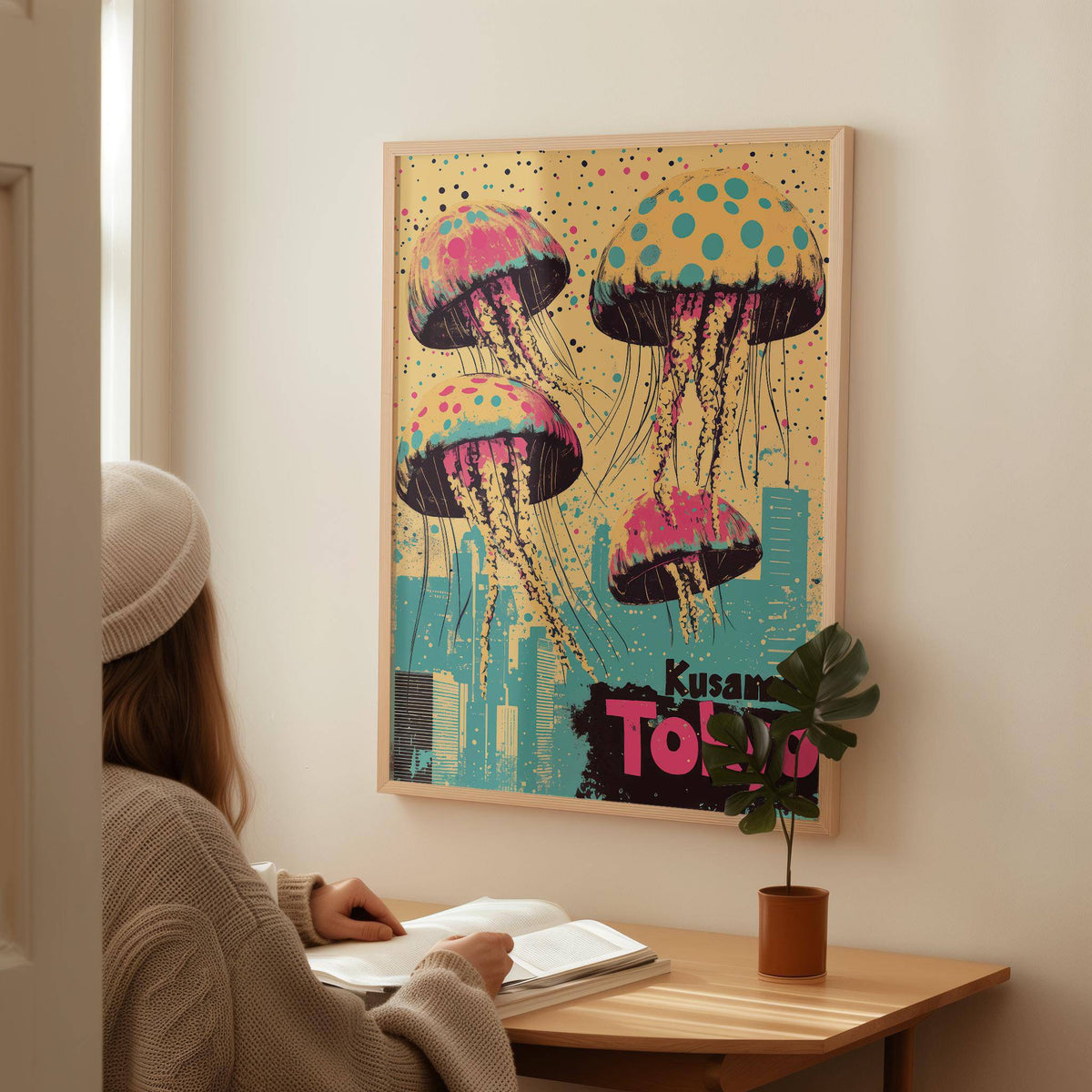 Print on a wall of jellyfish with city skyline in pink and blue with a plant on a desk nearby