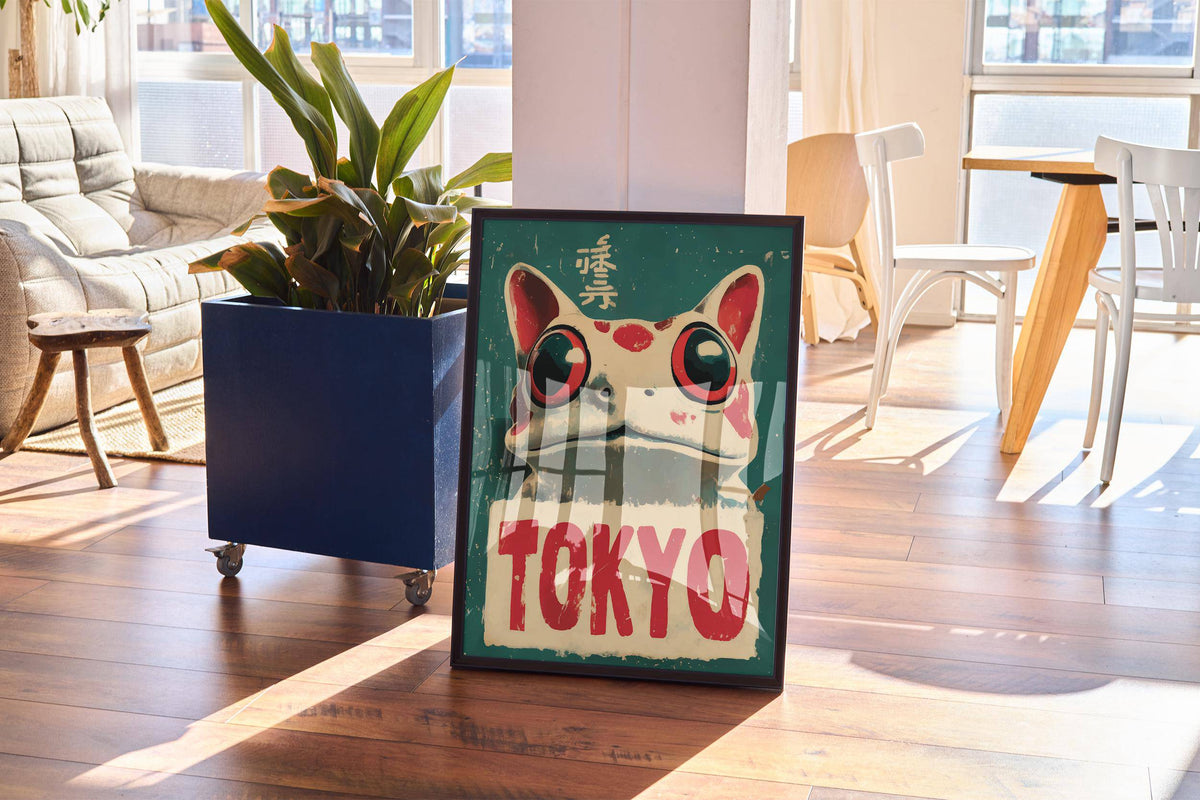 Framed frog prints artwork showing a large frog with red markings and the word Tokyo in red letters leaning on a wooden floor near a plant