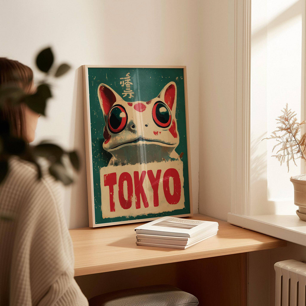 Frog Prints leaning print of a vintage Japanese-ink style frog with red and cream tones on a desk with a stack of books