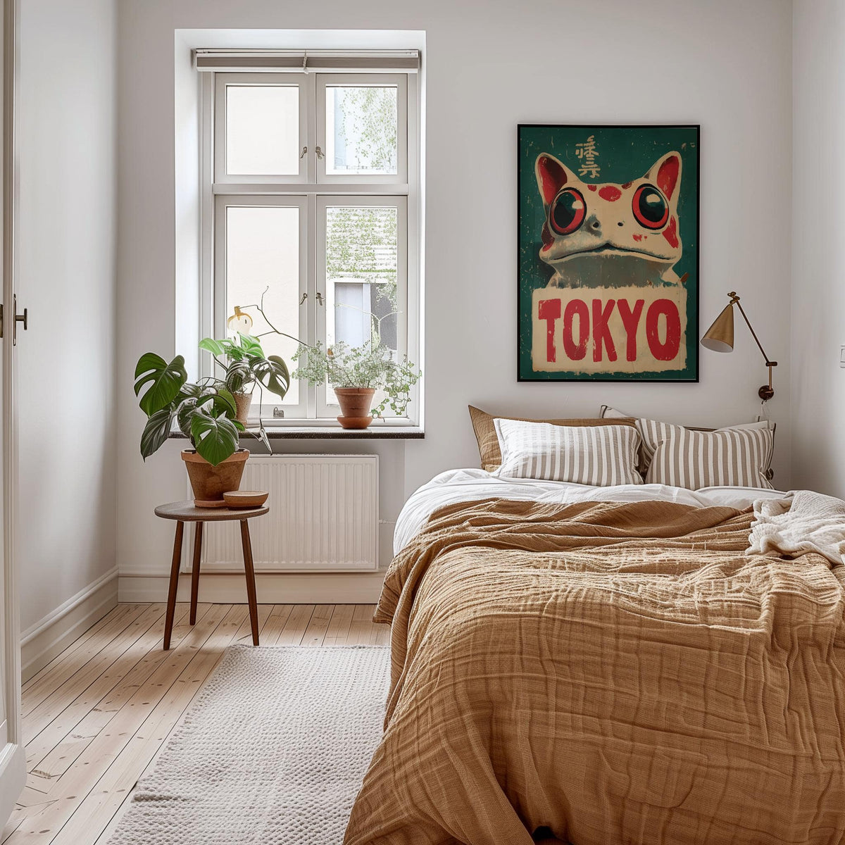 Print on a wall in a bedroom showing a red and green vintage Japanese-ink frog with Tokyo text by a window and bedside lamp