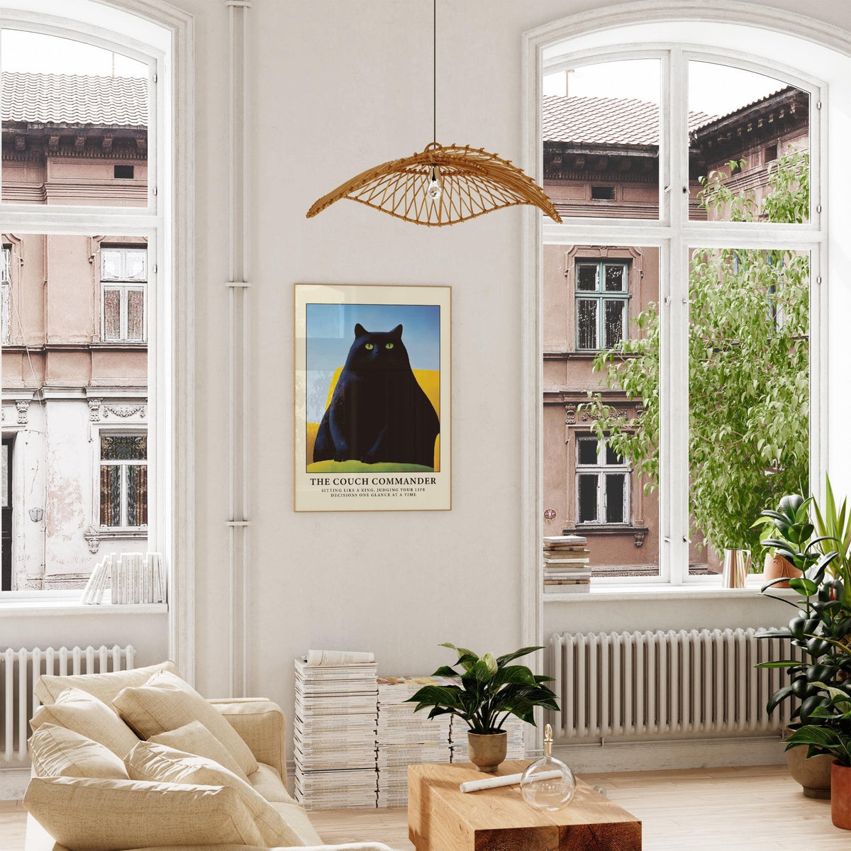 Cat Funny Poster of a black cat with green eyes on a yellow couch in a bright living room