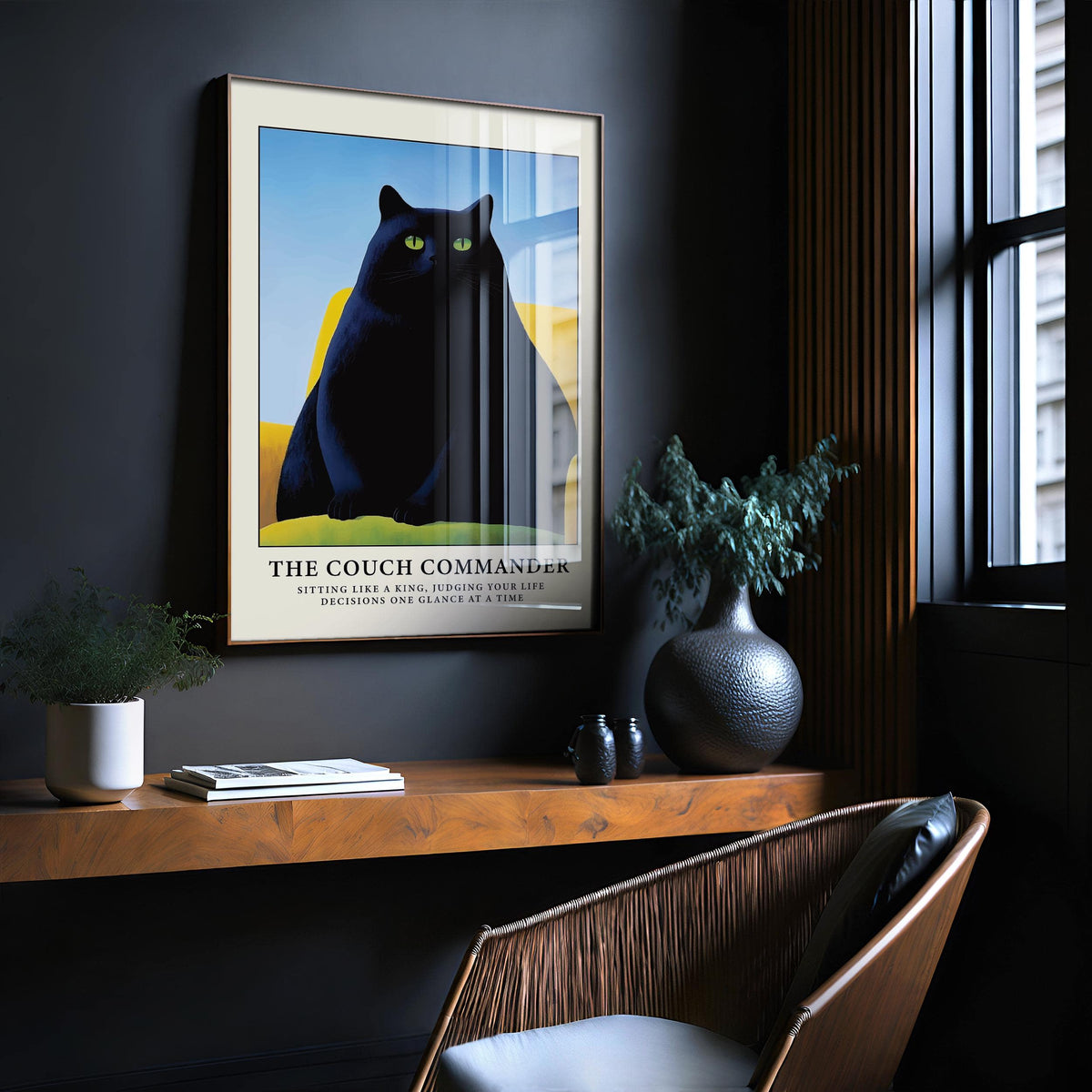 Cat Funny Poster framed print close-up of a black cat on a yellow couch with plant on wooden shelf