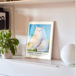 Print of Monday Mood Cat Poster with white cat sitting framed in white leaning on a shelf next to a green plant and a white round lamp