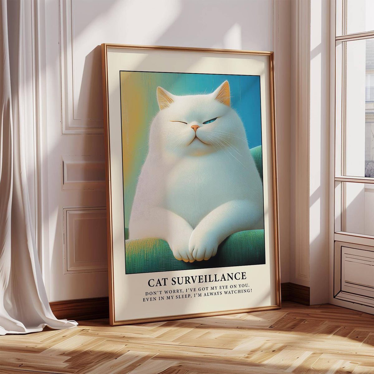 Framed print of a white cat winking illustration with blue and green background leaning on a wooden floor