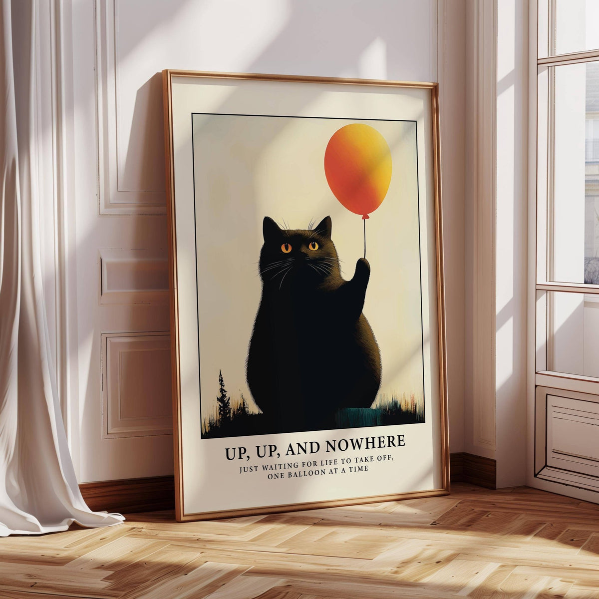 Funny Cat Poster leaning on a wooden floor with black cat holding an orange balloon illustration
